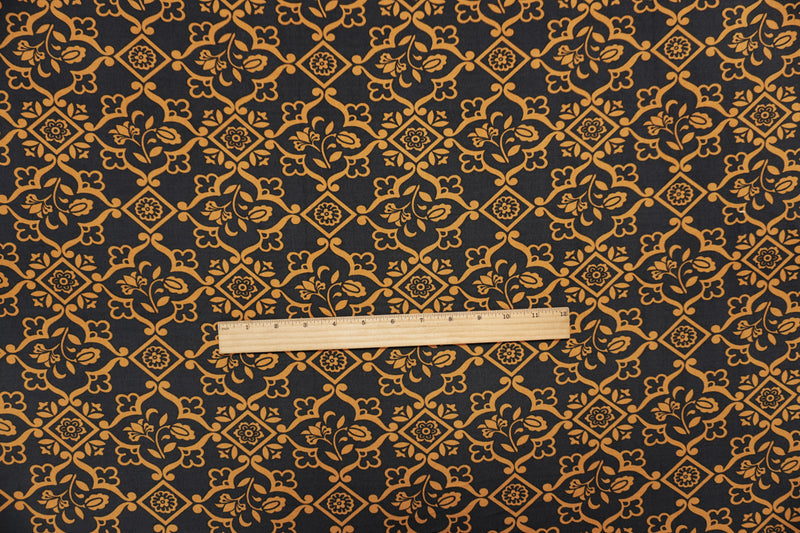 Black-Mustard Yellow Poly Floral Print ITY Jersey Knit Fabric