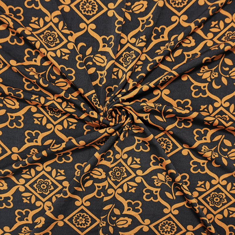 Black-Mustard Yellow Poly Floral Print ITY Jersey Knit Fabric