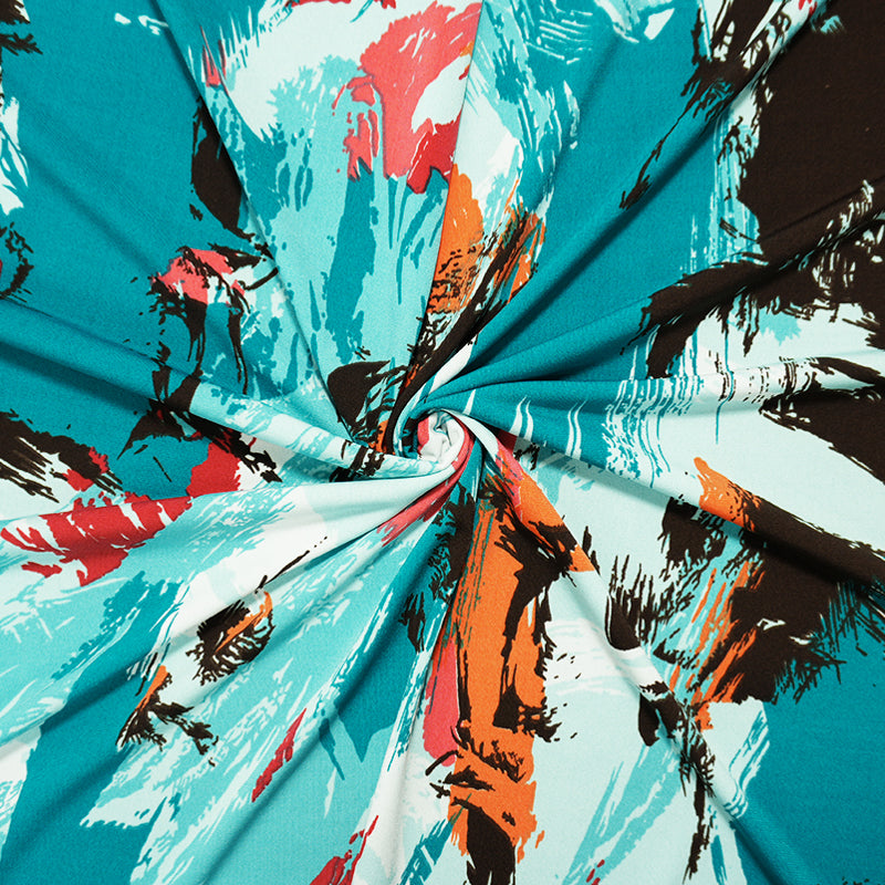 Teal-Orange-Multi Poly Abstract Printed ITY Jersey Knit Fabric