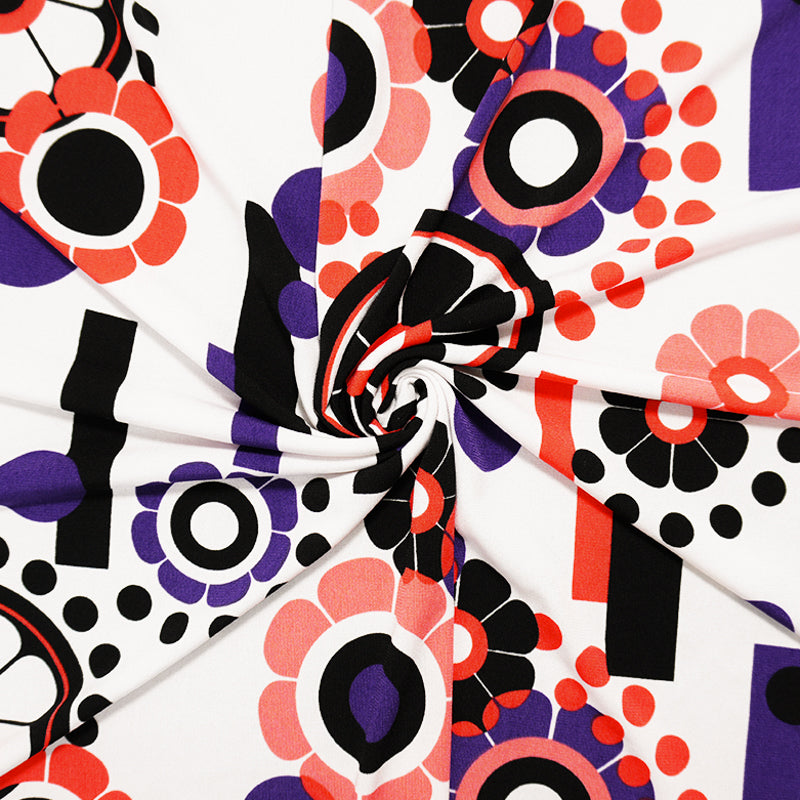 White-Purple Poly Geo Floral Printed ITY Jersey Knit Fabric
