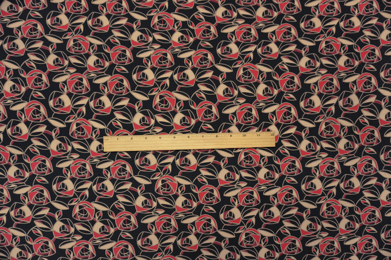 Black-Red-Beige Poly Abstract Floral Print ITY Jersey Knit Fabric