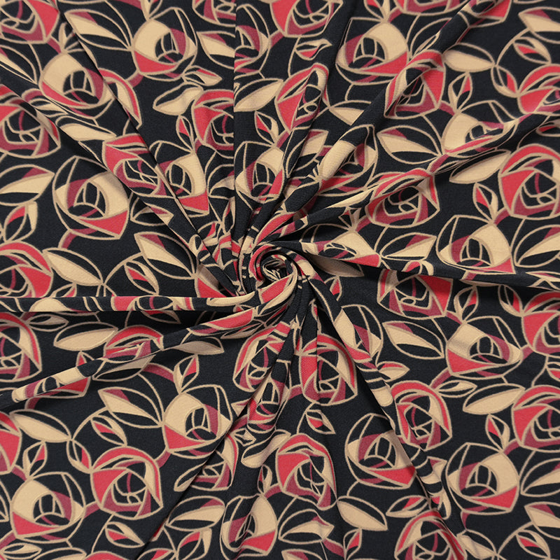 Black-Red-Beige Poly Abstract Floral Print ITY Jersey Knit Fabric