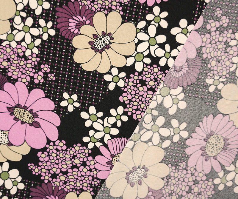 Purple-Black Poly Spandex Floral Printed ITY Jersey Knit Fabric