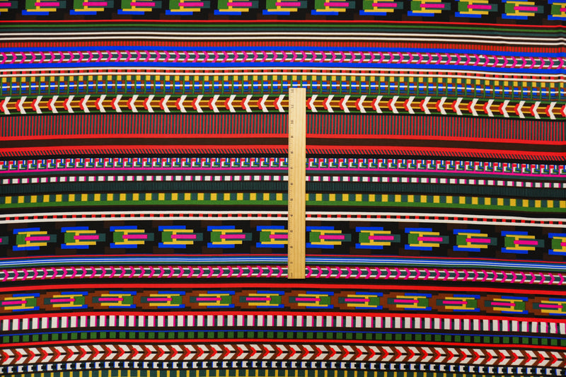 Brown-Red-Multi Poly Geo Stripe Print ITY Jersey Knit Fabric