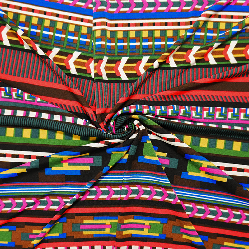 Brown-Red-Multi Poly Geo Stripe Print ITY Jersey Knit Fabric