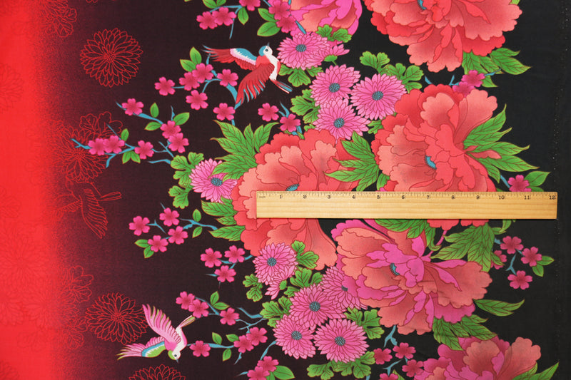 Red-Black-Multi Poly Floral Bird Border ITY Jersey Knit Fabric