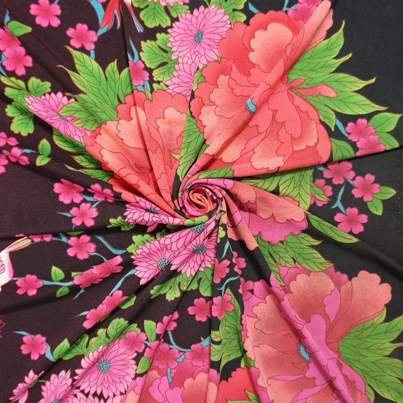 Red-Black-Multi Poly Floral Bird Border ITY Jersey Knit Fabric