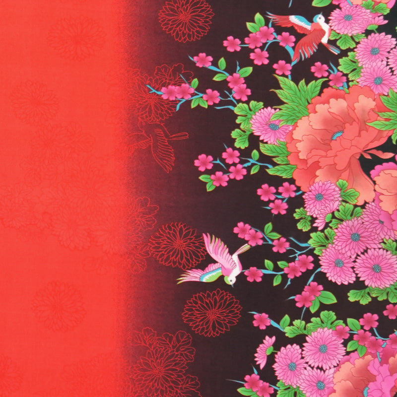 Red-Black-Multi Poly Floral Bird Border ITY Jersey Knit Fabric