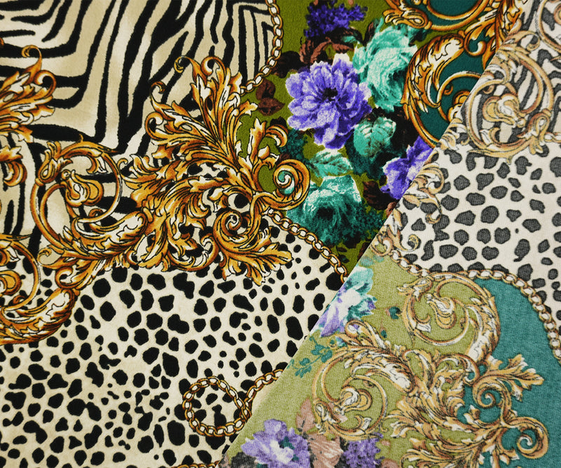Green-Blue-Multi Poly Baroque Animal Printed ITY Jersey Knit Fabric