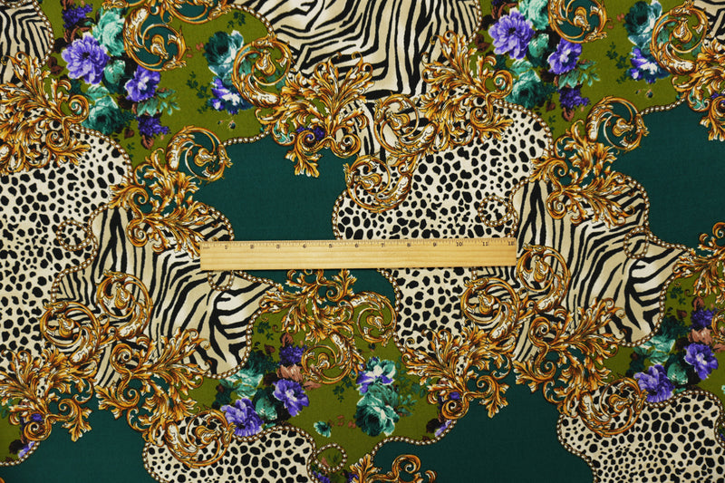 Green-Blue-Multi Poly Baroque Animal Printed ITY Jersey Knit Fabric