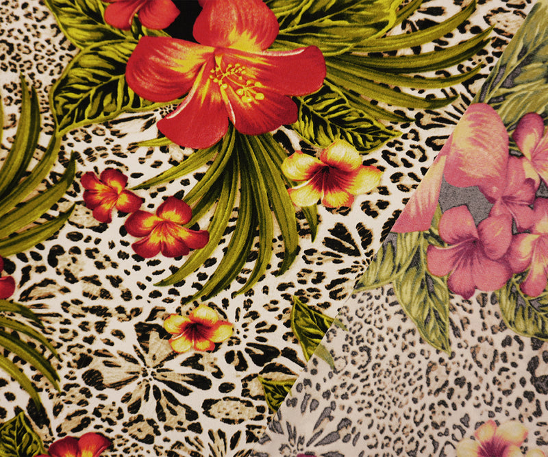 Beige-Multi Poly Floral Leopard Print ITY Jersey Knit Fabric