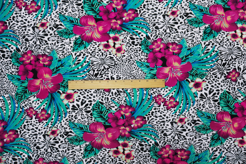 Pink-Blue-Multi Poly Floral Leopard Printed ITY Jersey Knit Fabric
