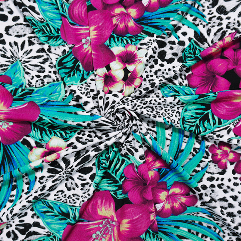 Pink-Blue-Multi Poly Floral Leopard Printed ITY Jersey Knit Fabric