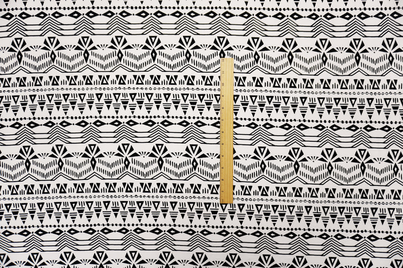 Ivory-Black Poly Spandex Aztec Printed ITY Jersey Knit Fabric
