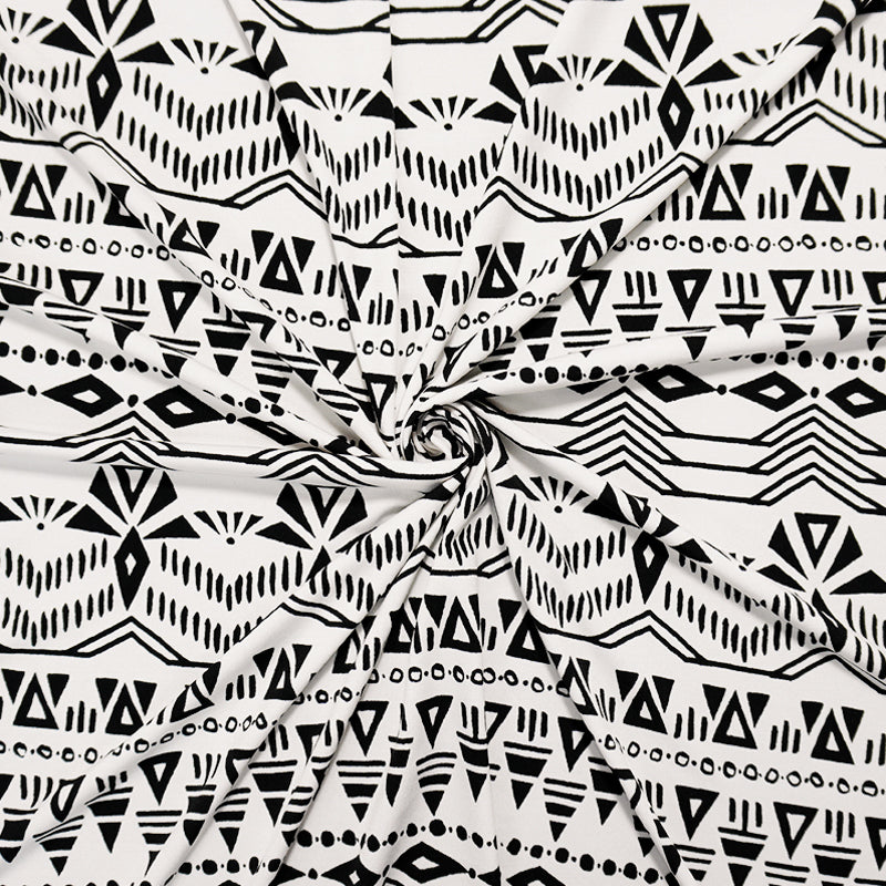 Ivory-Black Poly Spandex Aztec Printed ITY Jersey Knit Fabric