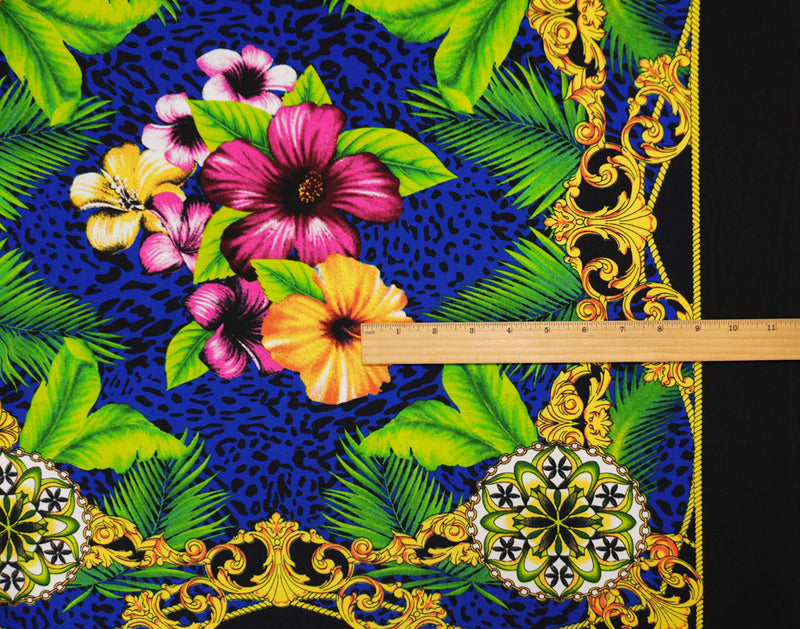 Blue-Yellow Poly Floral Leopard PANEL ITY Jersey Knit Fabric