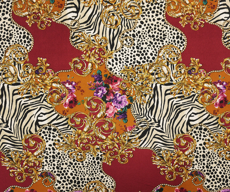 Red-Yellow-Multi Poly Spandex Baroque Animal Printed ITY Jersey Knit Fabric