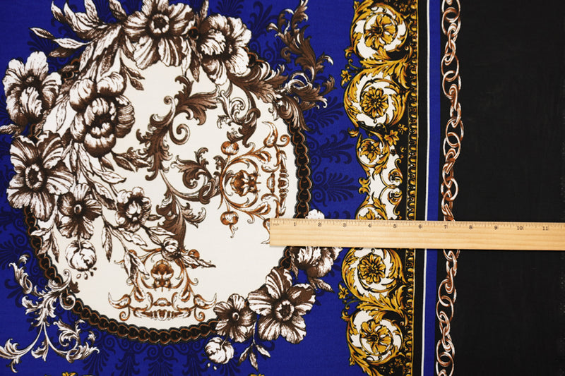 Blue-Multi Poly Baroque Floral PANEL Print ITY Jersey Knit Fabric