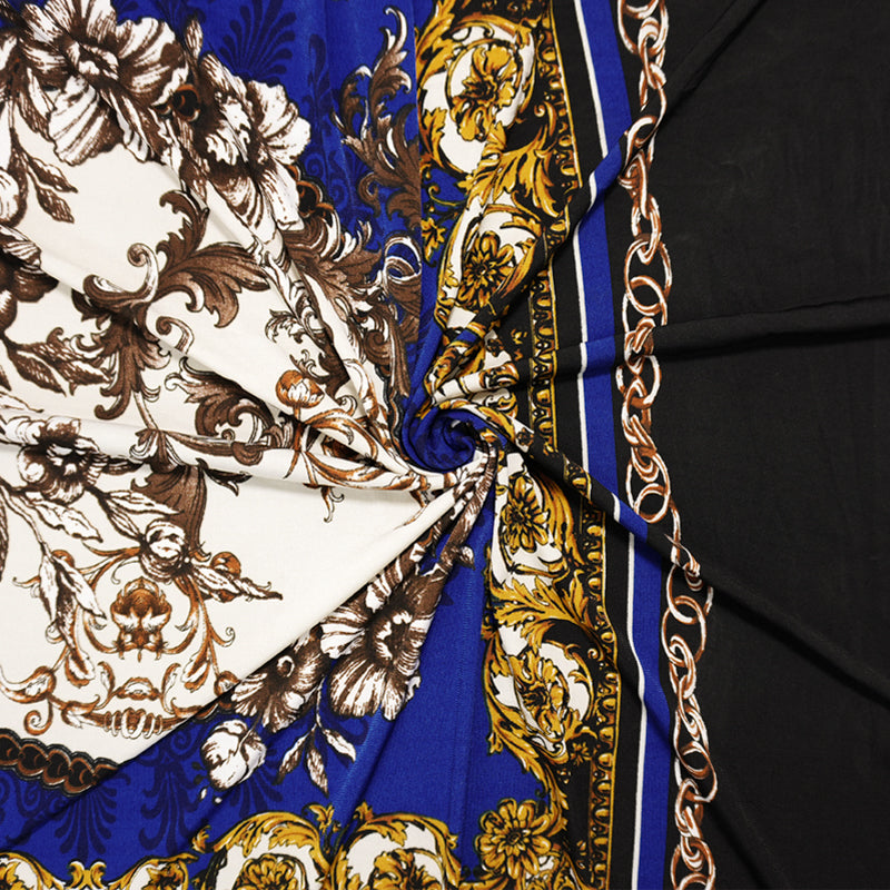 Blue-Multi Poly Baroque Floral PANEL Print ITY Jersey Knit Fabric