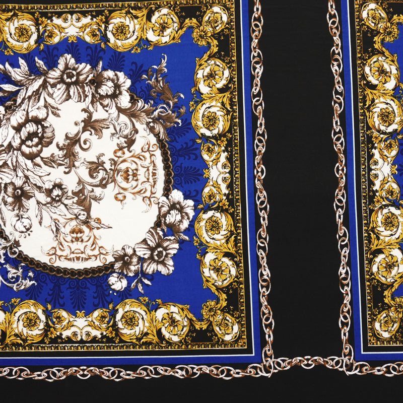 Blue-Multi Poly Baroque Floral PANEL Print ITY Jersey Knit Fabric