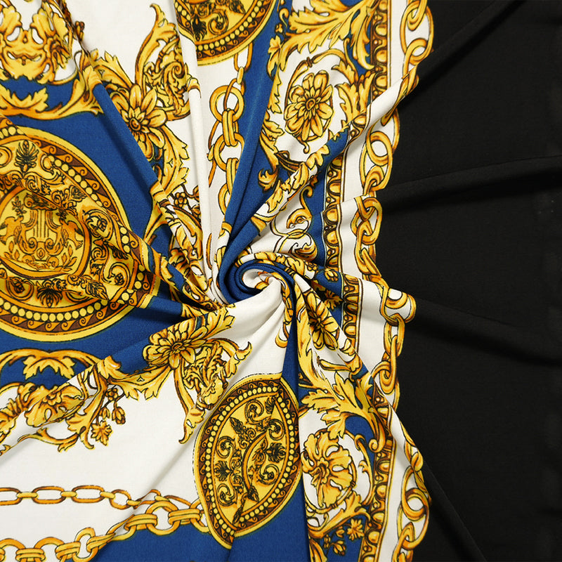 Blue-Multi Poly Spandex Baroque Floral PANEL Printed ITY Jersey Knit Fabric