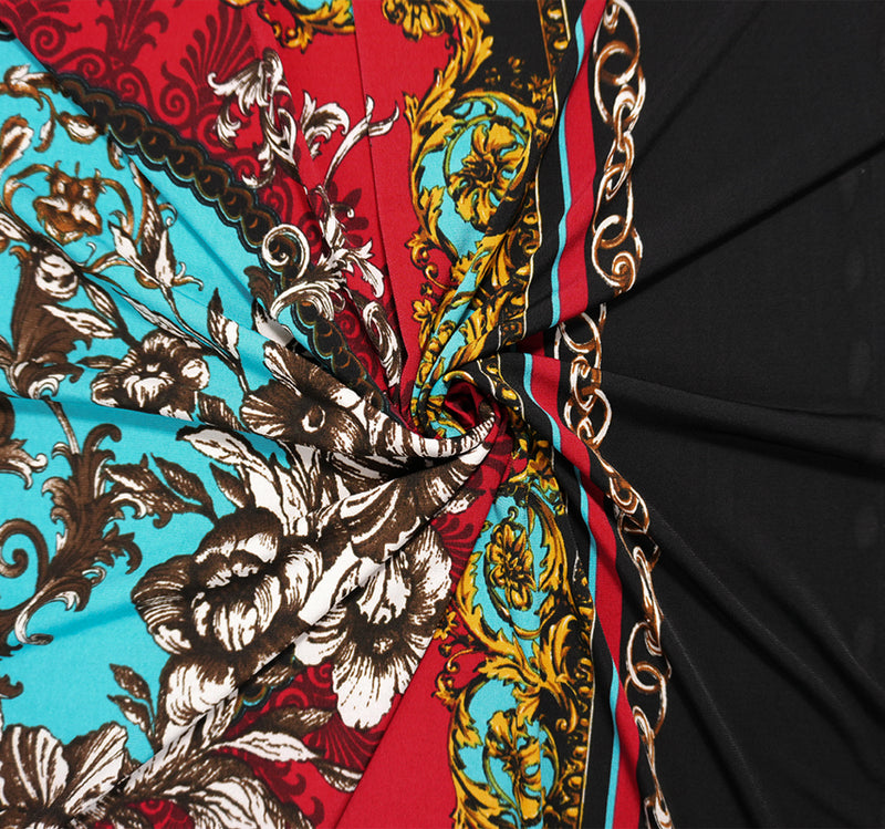 Red -Multi Poly Spandex Baroque Floral PANEL Printed ITY Jersey Knit Fabric