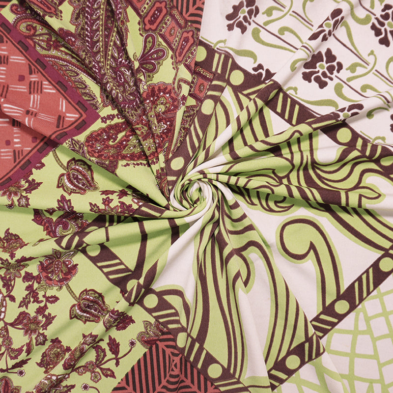Brown-Green Poly Geo Patch Floral Print ITY Jersey Knit Fabric