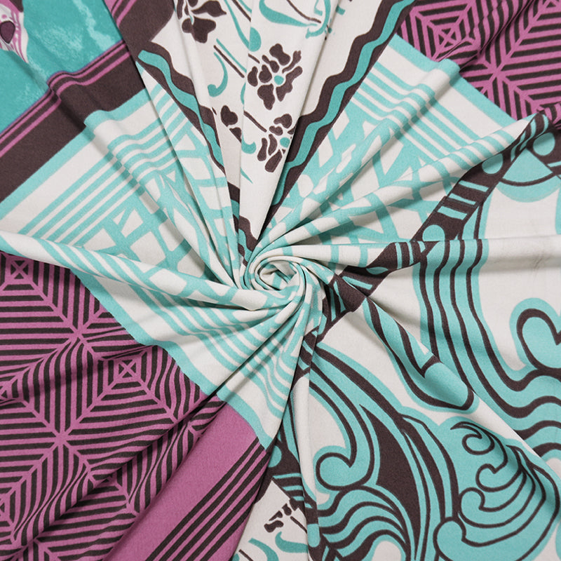 Purple-Pink-Multi Poly Floral Geo Patch Print ITY Jersey Knit Fabric