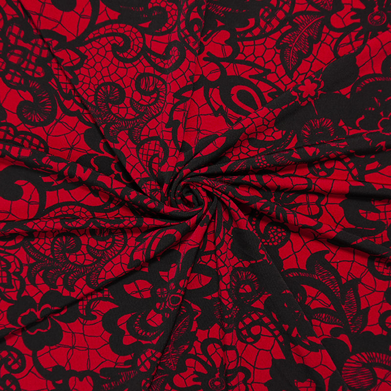 Red-Black Poly Lace-Like Floral Printed ITY Jersey Knit Fabric