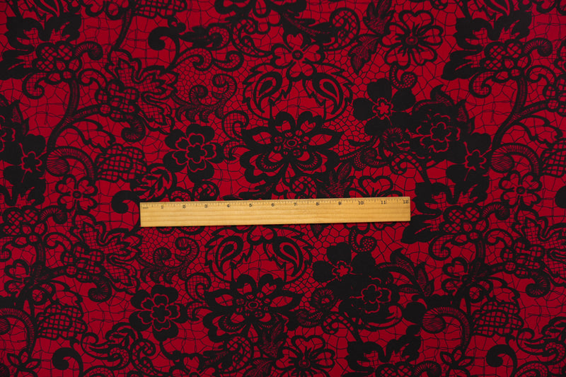Red-Black Poly Lace-Like Floral Printed ITY Jersey Knit Fabric