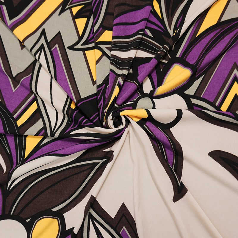Purple-Yellow-Multi Poly Geo Floral Print ITY Jersey Knit Fabric