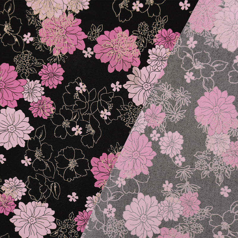 Black-Pink Poly Spandex Floral Printed ITY Jersey Knit Fabric
