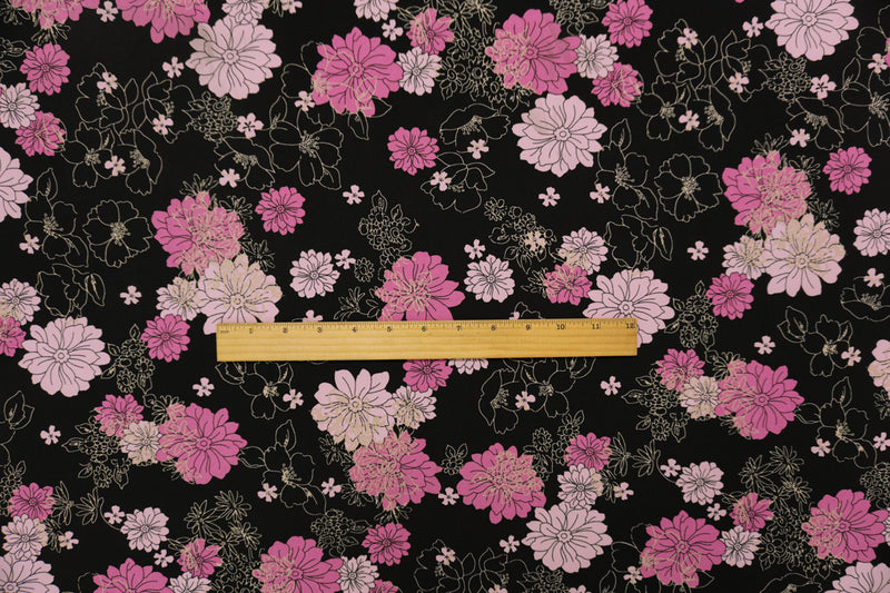Black-Pink Poly Spandex Floral Printed ITY Jersey Knit Fabric