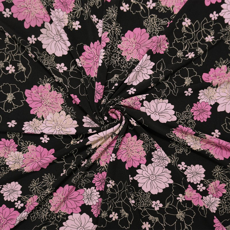 Black-Pink Poly Spandex Floral Printed ITY Jersey Knit Fabric