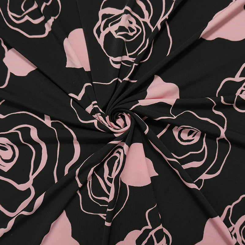 Black-Pink Poly Spandex Floral Printed ITY Jersey Knit Fabric