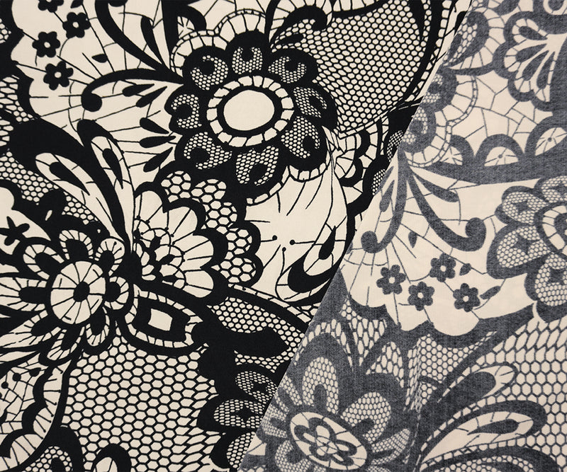 Black-Beige Lace-Like Floral Printed ITY Jersey Knit Fabric