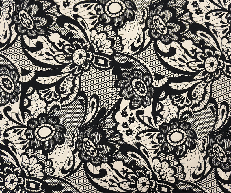 Black-Beige Lace-Like Floral Printed ITY Jersey Knit Fabric