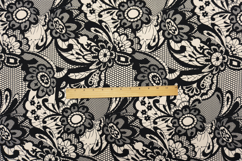 Black-Beige Lace-Like Floral Printed ITY Jersey Knit Fabric