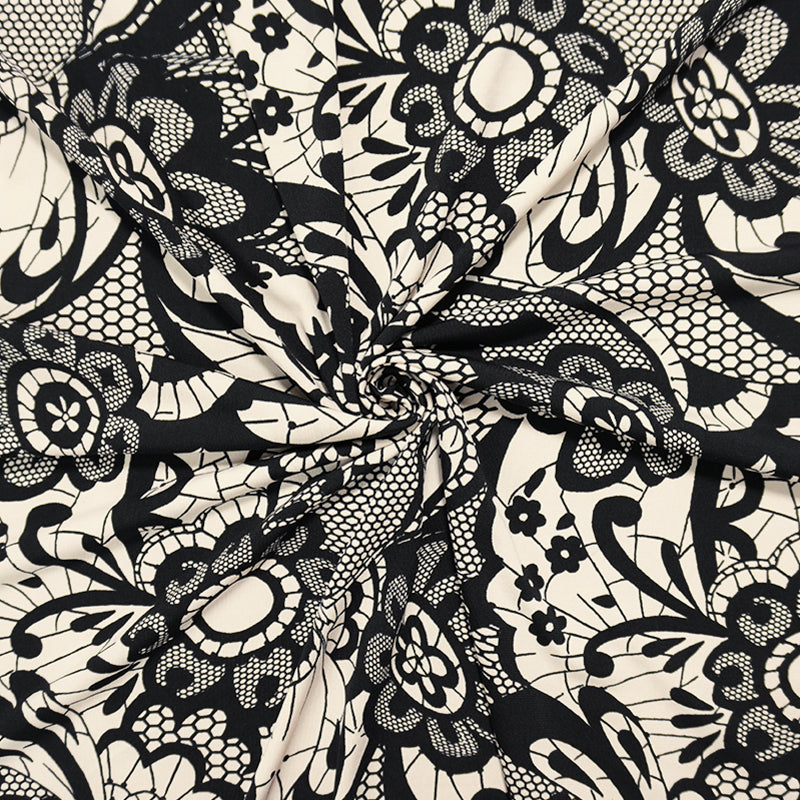 Black-Beige Lace-Like Floral Printed ITY Jersey Knit Fabric