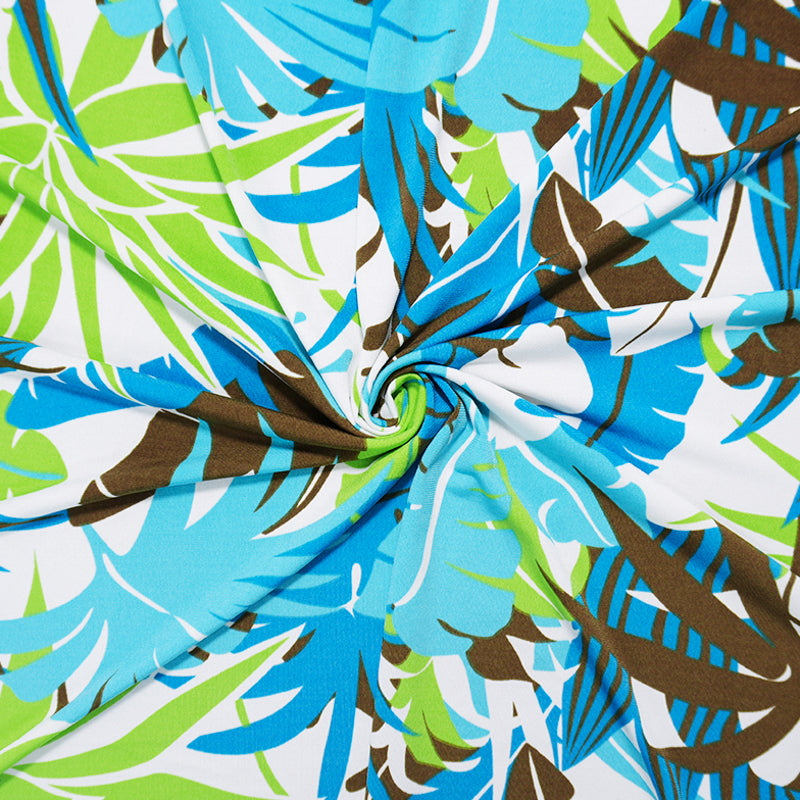 Blue-Teal Poly Spandex Leaves Printed ITY Jersey Knit Fabric