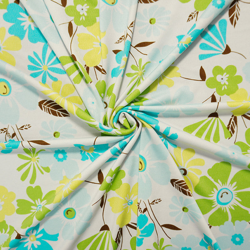 White-Teal-Multi Poly Floral Printed ITY Jersey Knit Fabric