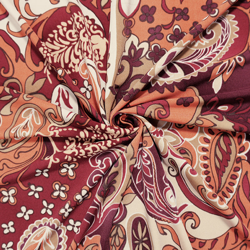 Orange-Red-Multi Poly Floral Paisley Print ITY Jersey Knit Fabric