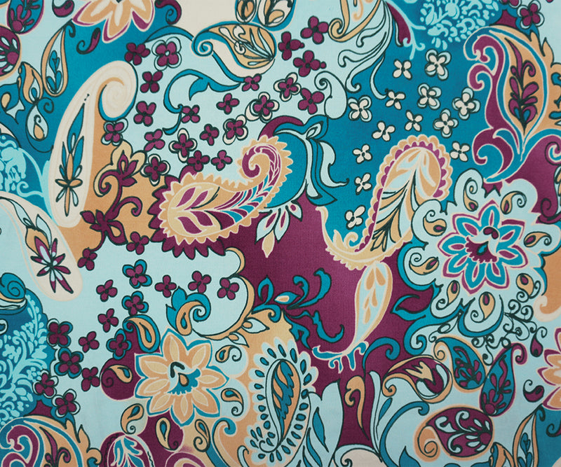 Teal-Purple Poly Floral Paisley Printed ITY Jersey Knit Fabric