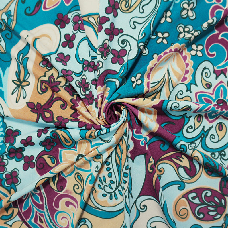 Teal-Purple Poly Floral Paisley Printed ITY Jersey Knit Fabric