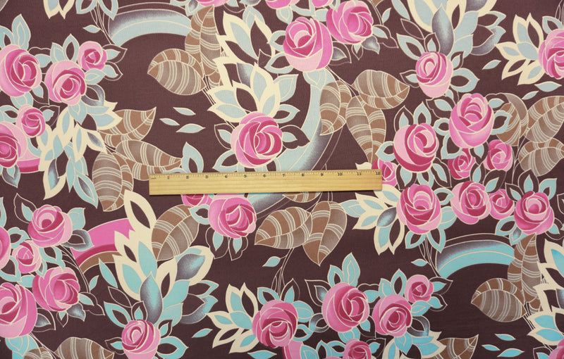 Brown-Pink-Blue Poly Floral Printed ITY Jersey Knit Fabric
