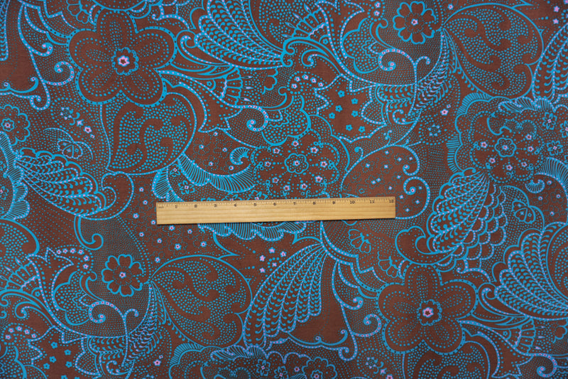 Brown-Turquoise Poly Dot Floral Printed ITY Jersey Knit Fabric