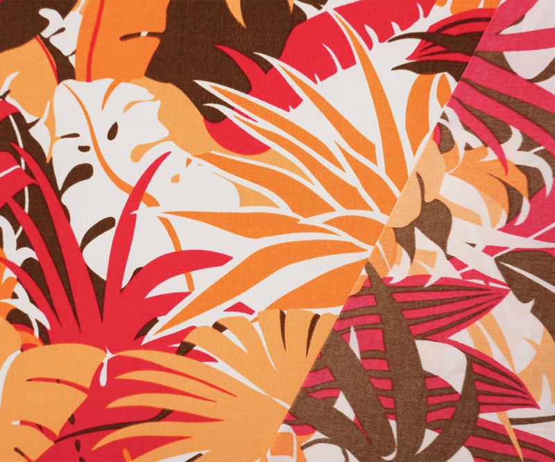 Orange-Red-Multi Poly Leaves Printed ITY Jersey Knit Fabric