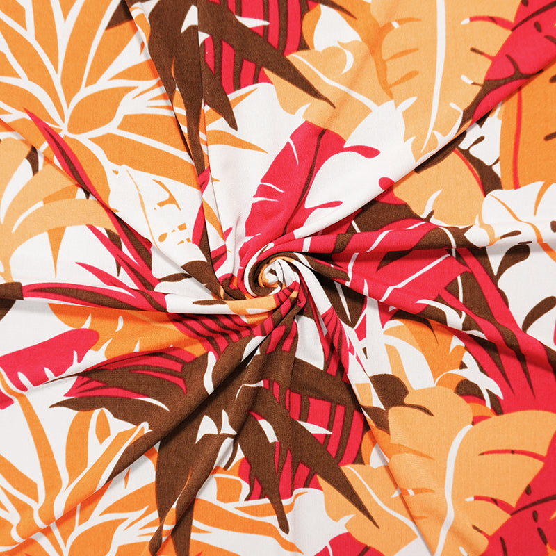 Orange-Red-Multi Poly Leaves Printed ITY Jersey Knit Fabric