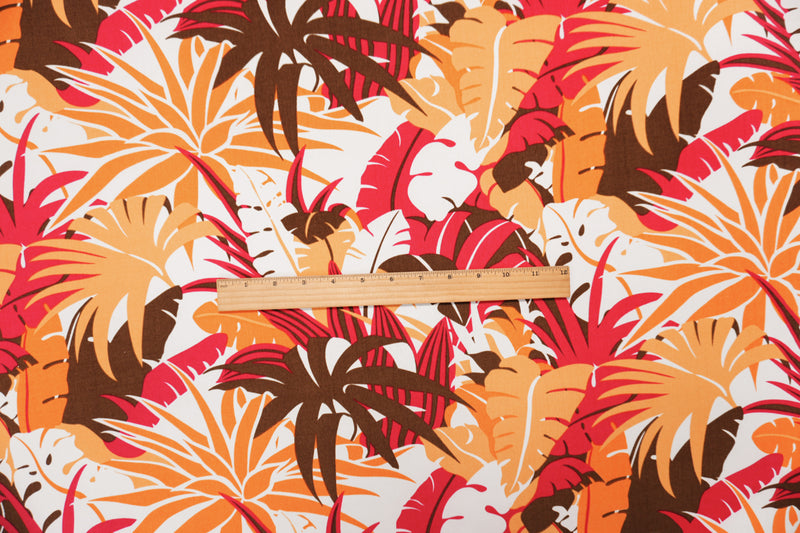 Orange-Red-Multi Poly Leaves Printed ITY Jersey Knit Fabric