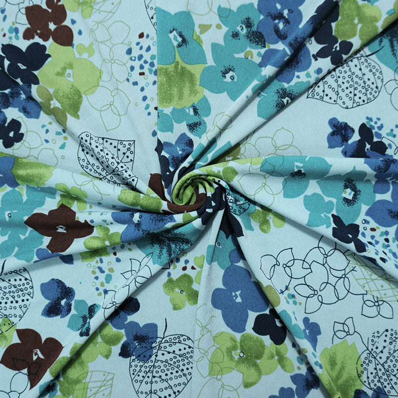 Turquoise-Brown Poly Floral Printed ITY Jersey Knit Fabric